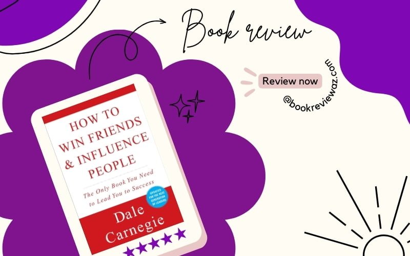 Promotional graphic for a book review featuring 'How to Win Friends & Influence People (Dale Carnegie Books)' on a purple whimsical background with cloud shapes and the text 'Book review' and '@bookreviewaz.com'.